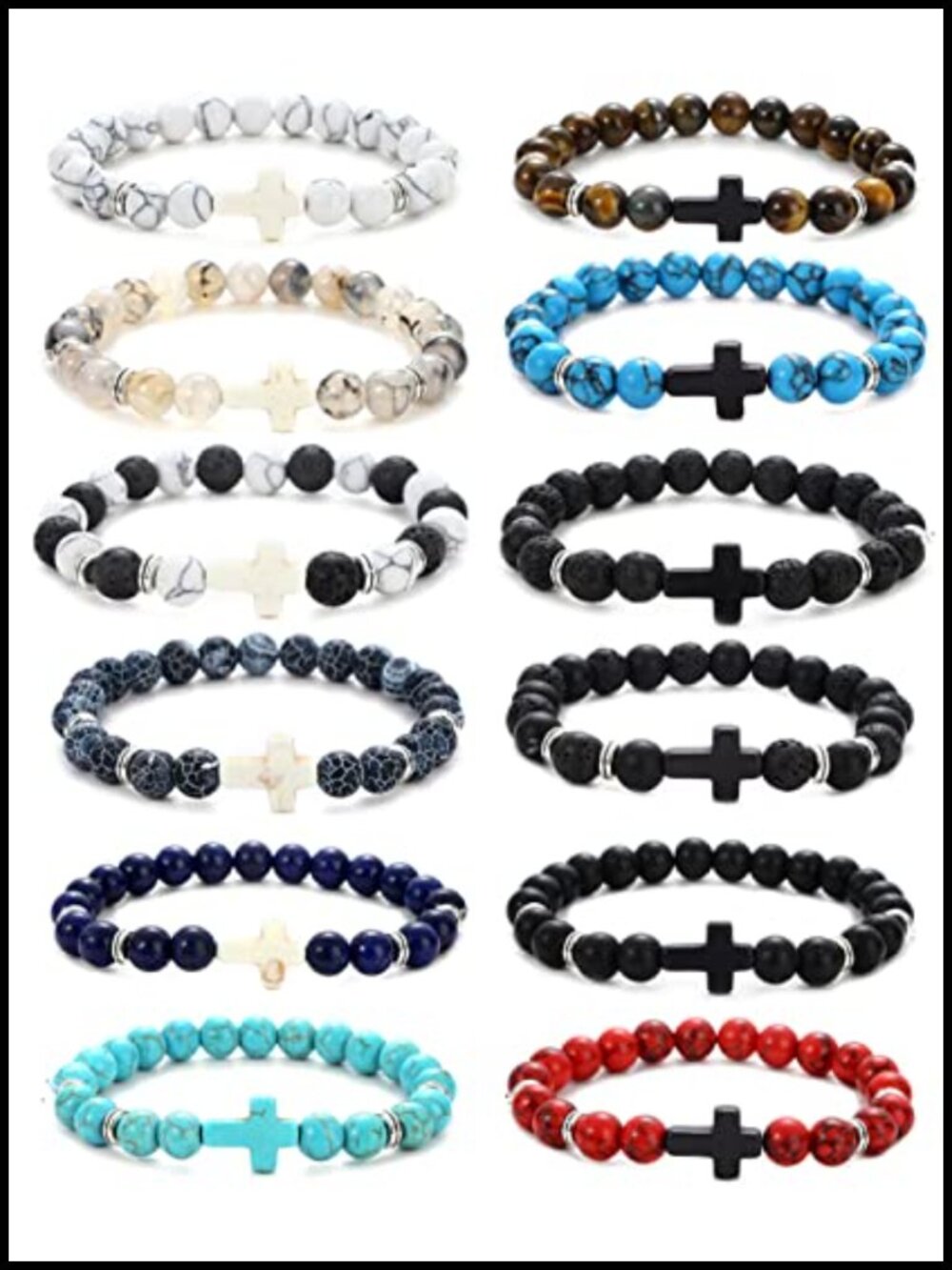 12Pc Natural Stone Lava Tiger Eye Stretch Bracelets Anxiety Relief Set
